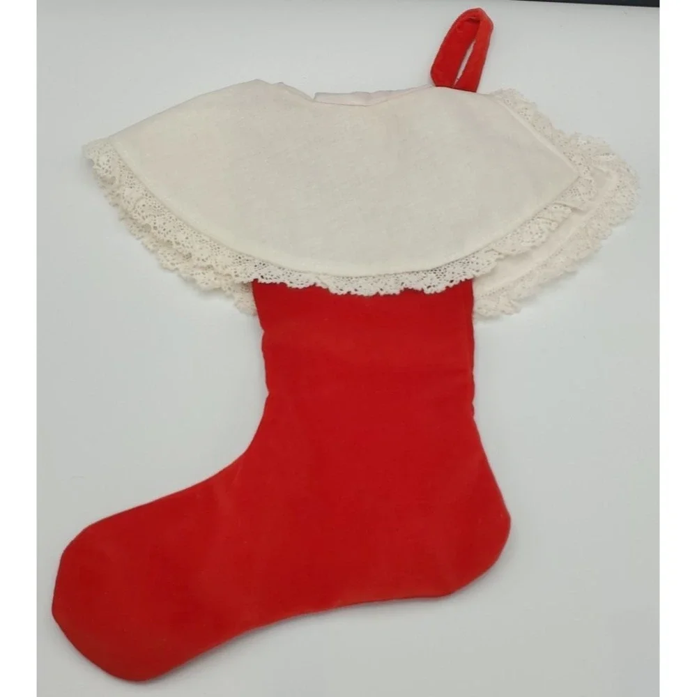 Hand Made Red Velvet Christmas Stocking With Wide Linen‎ And Lace Collar